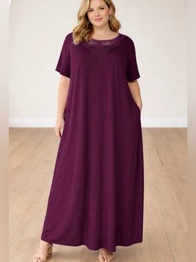 NWT!Catherines Deep Purple Midi Dress with Lace Detail Size 4X